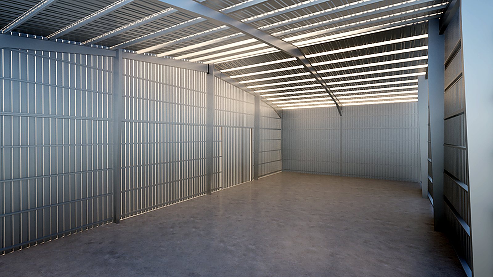 Render del interior de un galpón modular con estructura y cerramiento metálico